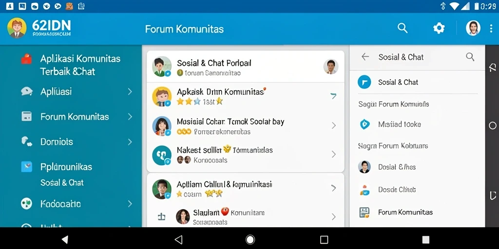 Antarmuka aplikasi 62IDN dengan fitur forum komunitas yang interaktif.