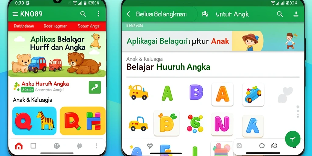 Tampilan antarmuka aplikasi KNO89 untuk belajar huruf dan angka.