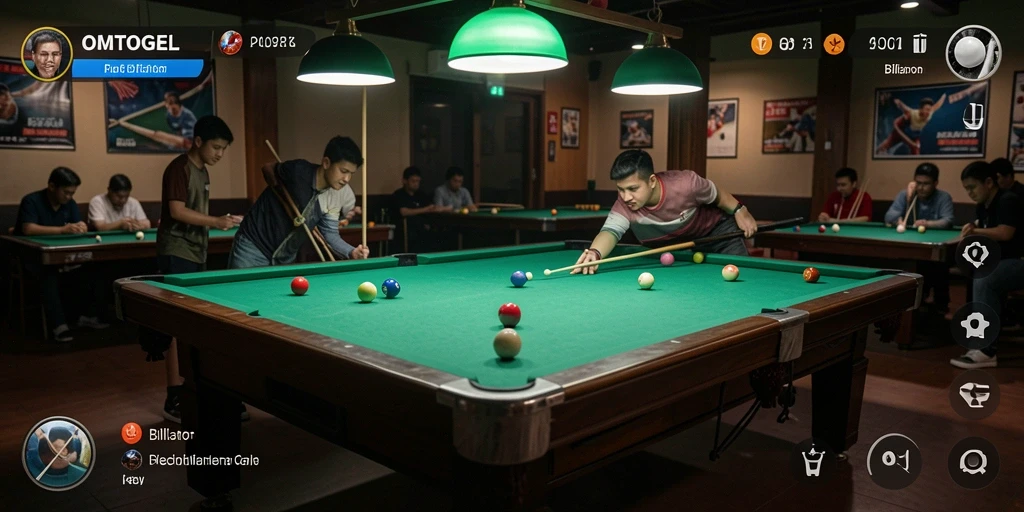 Tampilan antarmuka OMTOGEL saat bermain billiard yang menarik.